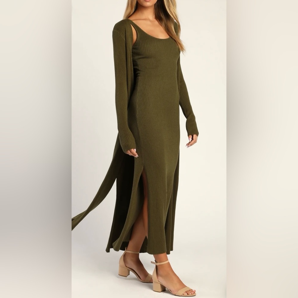 Lulus Layer Lover Olive Ribbed Knit Two-Piece Dress & Cardigan Set